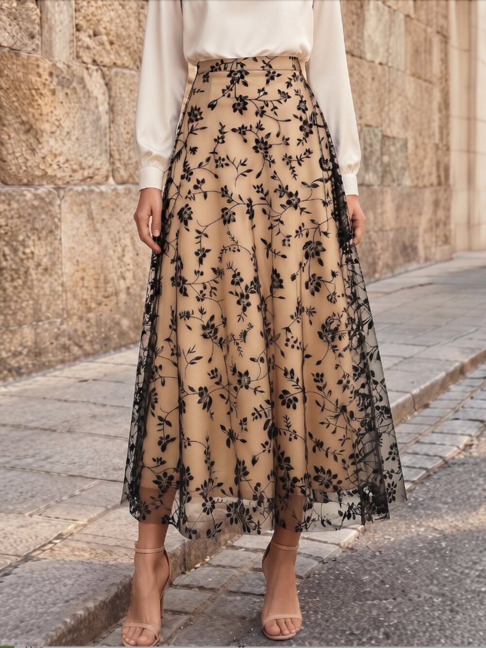 Floral Flocking Tulle Long A-Line Skirt Cream